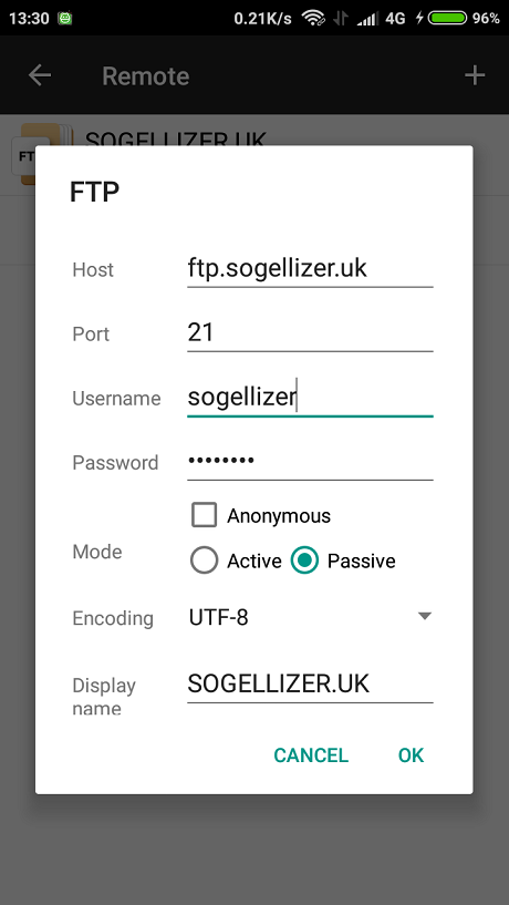 Form Login FTP on Android phone